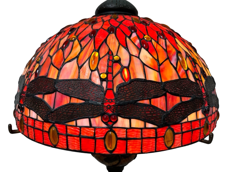 Large Dragonfly Stained Glass Lamp Shade 25W With Heavy Dragonfly Decorated Bronze Floor Lamp 80H - Must See In Person [Photo 3]
