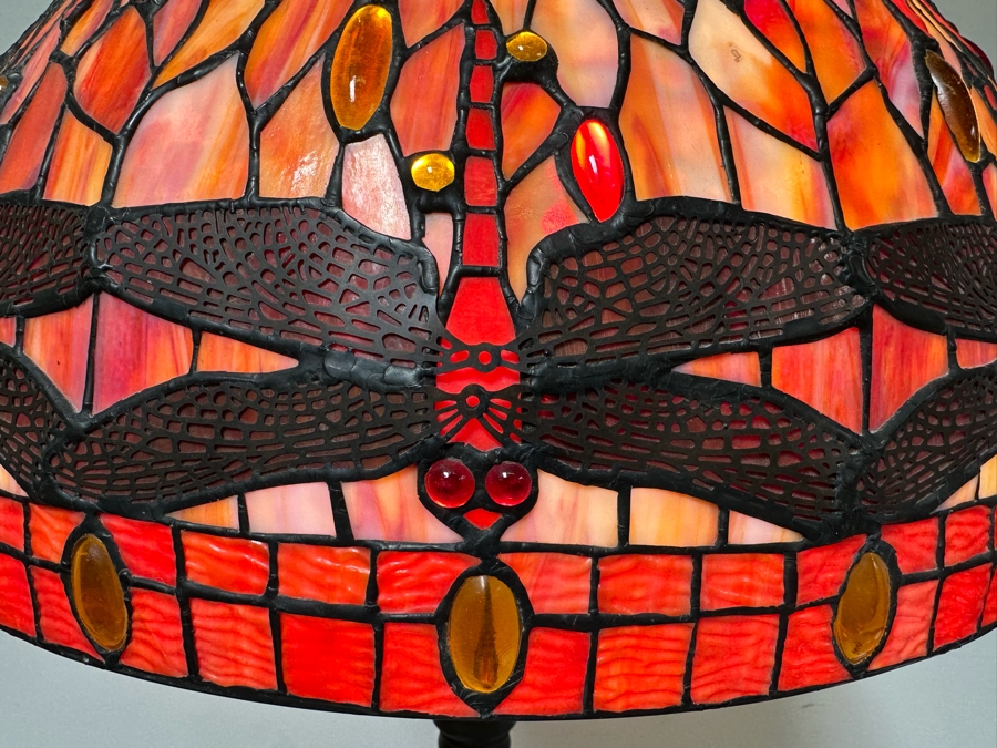Large Dragonfly Stained Glass Lamp Shade 25W With Heavy Dragonfly Decorated Bronze Floor Lamp 80H - Must See In Person [Photo 7]