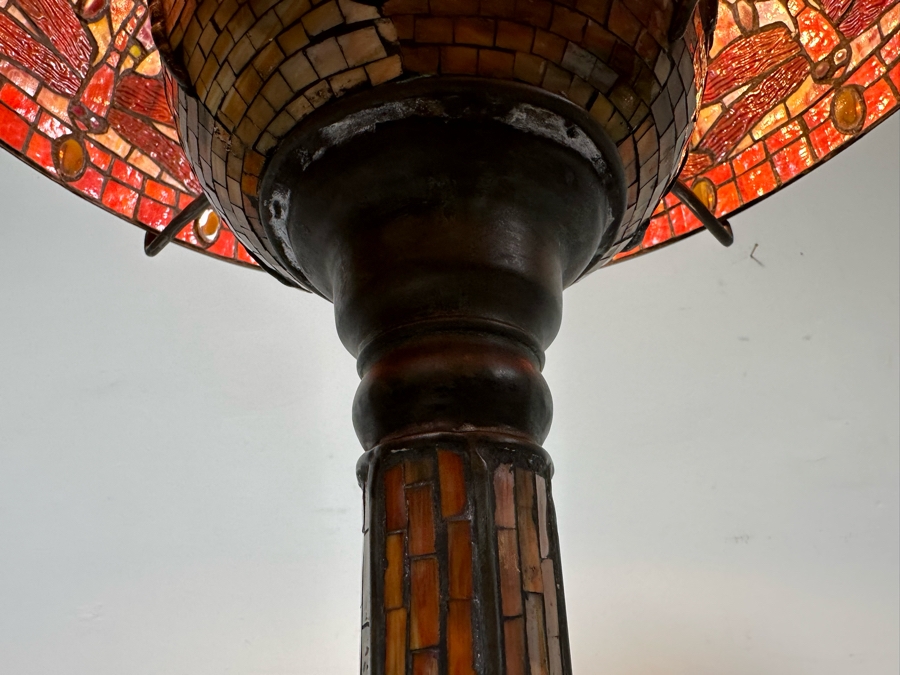 Large Dragonfly Stained Glass Lamp Shade 25W With Heavy Dragonfly Decorated Bronze Floor Lamp 80H - Must See In Person [Photo 15]