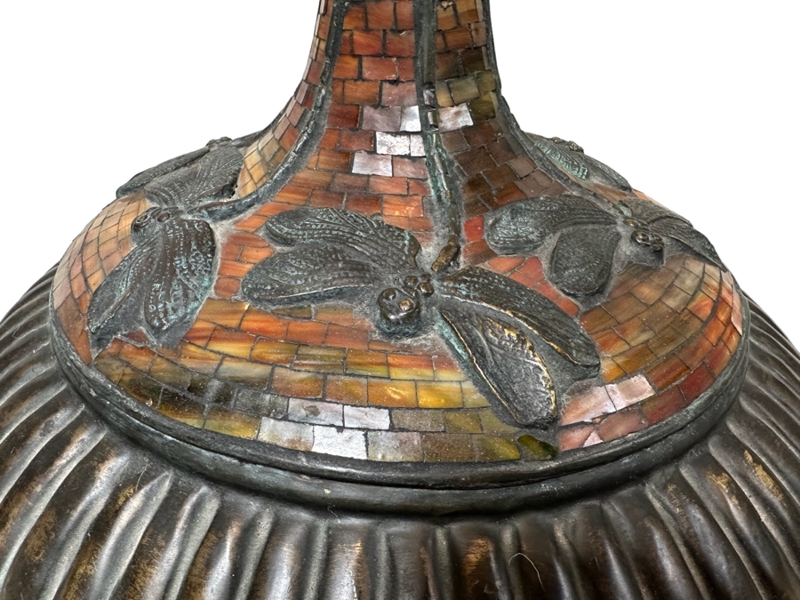 Large Dragonfly Stained Glass Lamp Shade 25W With Heavy Dragonfly Decorated Bronze Floor Lamp 80H - Must See In Person [Photo 4]