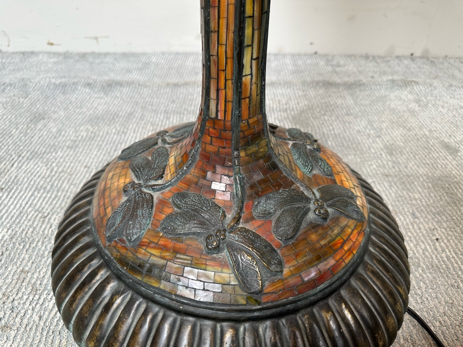 Large Dragonfly Stained Glass Lamp Shade 25W With Heavy Dragonfly Decorated Bronze Floor Lamp 80H - Must See In Person [Photo 14]