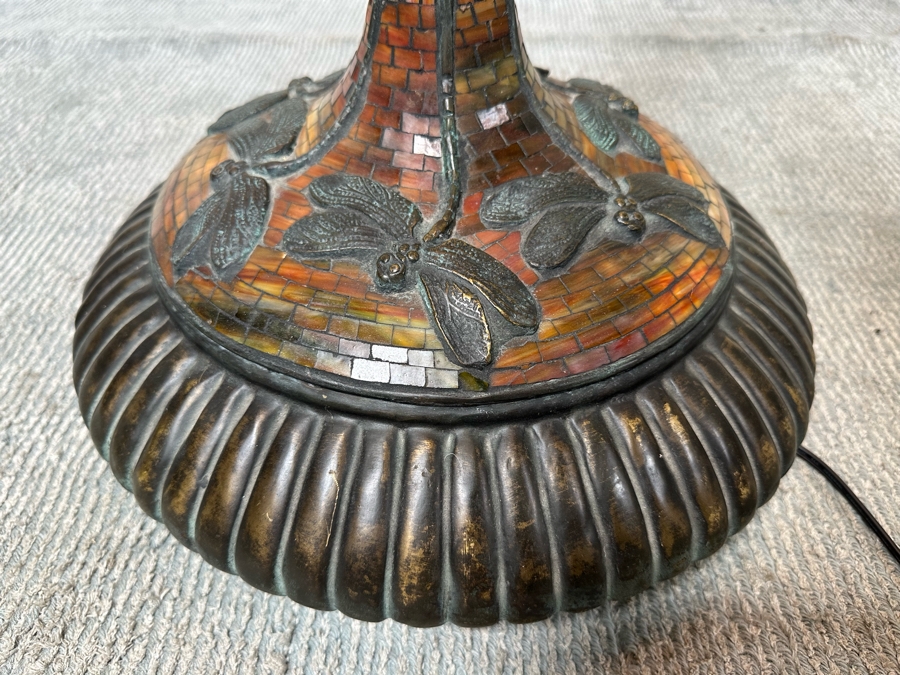 Large Dragonfly Stained Glass Lamp Shade 25W With Heavy Dragonfly Decorated Bronze Floor Lamp 80H - Must See In Person [Photo 12]