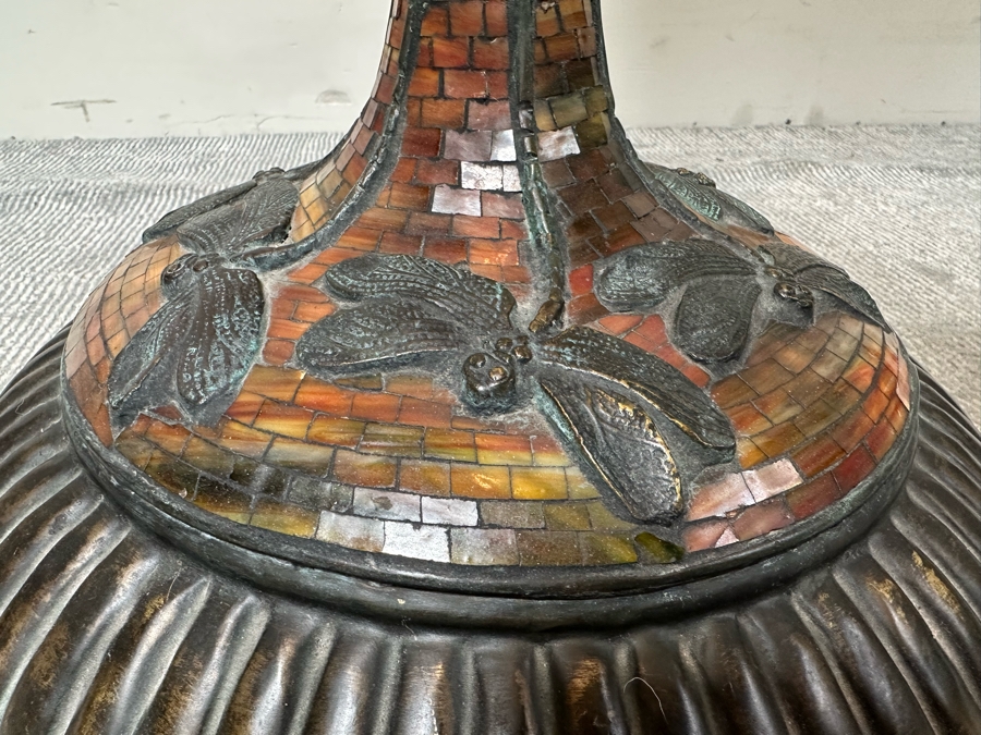 Large Dragonfly Stained Glass Lamp Shade 25W With Heavy Dragonfly Decorated Bronze Floor Lamp 80H - Must See In Person [Photo 13]