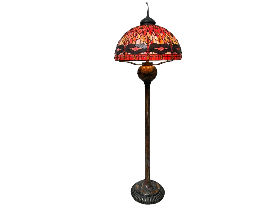 Large Dragonfly Stained Glass Lamp Shade 25W With Heavy Dragonfly Decorated Bronze Floor Lamp 80H - Must See In Person [Photo 2]