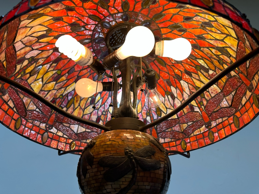 Large Dragonfly Stained Glass Lamp Shade 25W With Heavy Dragonfly Decorated Bronze Floor Lamp 80H - Must See In Person [Photo 11]