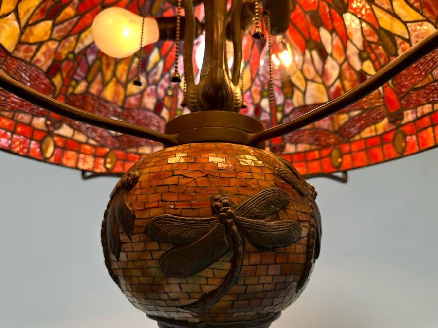 Large Dragonfly Stained Glass Lamp Shade 25W With Heavy Dragonfly Decorated Bronze Floor Lamp 80H - Must See In Person [Photo 10]