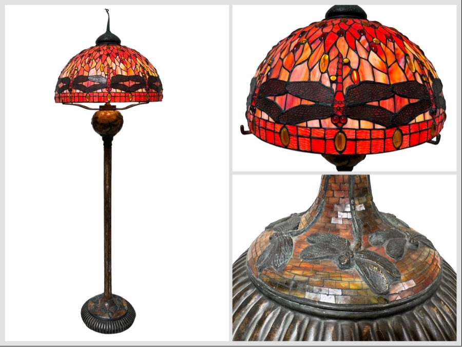 Large Dragonfly Stained Glass Lamp Shade 25W With Heavy Dragonfly Decorated Bronze Floor Lamp 80H - Must See In Person