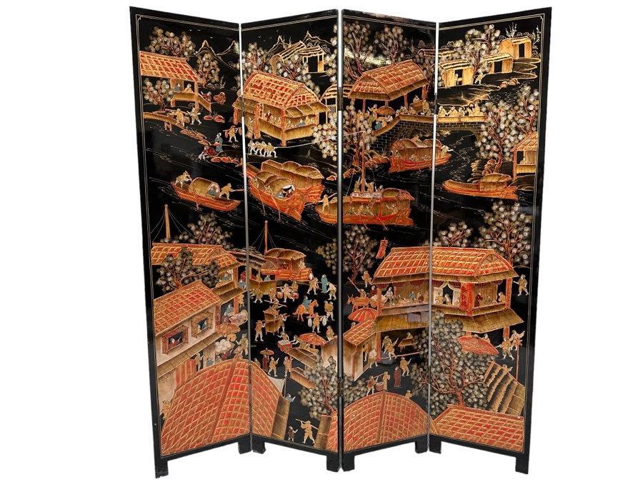Impressive Vintage Japanese 4-Panel Hand Painted Black Lacquer Screen Room Divider 64W X 72H