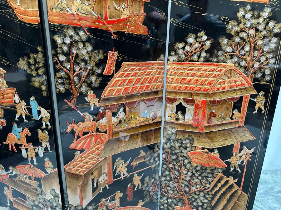 Impressive Vintage Japanese 4-Panel Hand Painted Black Lacquer Screen ...