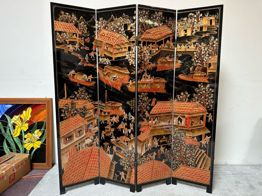 Impressive Vintage Japanese 4-Panel Hand Painted Black Lacquer Screen Room Divider 64W X 72H [Photo 3]