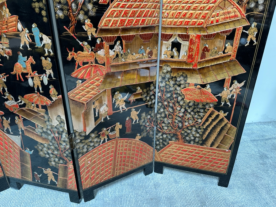 Impressive Vintage Japanese 4-Panel Hand Painted Black Lacquer Screen Room Divider 64W X 72H [Photo 5]