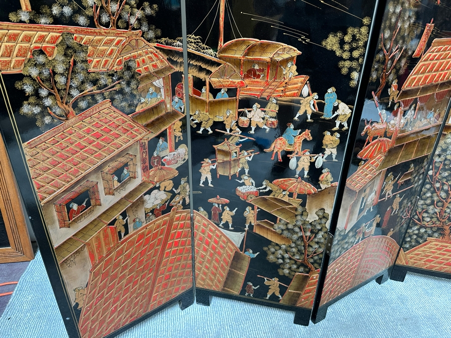 Impressive Vintage Japanese 4-Panel Hand Painted Black Lacquer Screen Room Divider 64W X 72H [Photo 13]