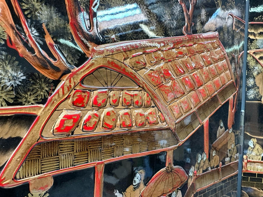 Impressive Vintage Japanese 4-Panel Hand Painted Black Lacquer Screen Room Divider 64W X 72H [Photo 17]