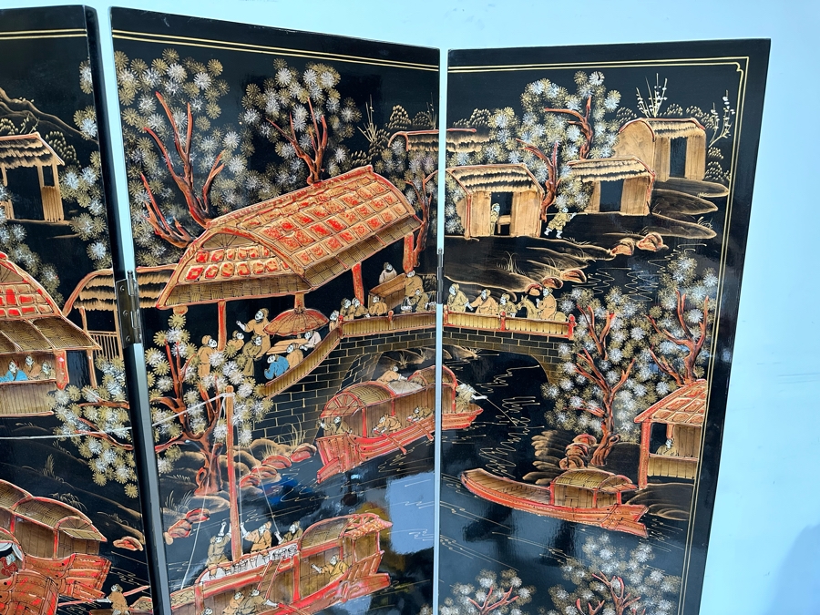 Impressive Vintage Japanese 4-Panel Hand Painted Black Lacquer Screen Room Divider 64W X 72H [Photo 7]