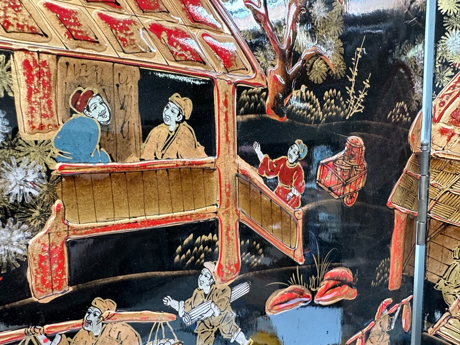 Impressive Vintage Japanese 4-Panel Hand Painted Black Lacquer Screen Room Divider 64W X 72H [Photo 10]