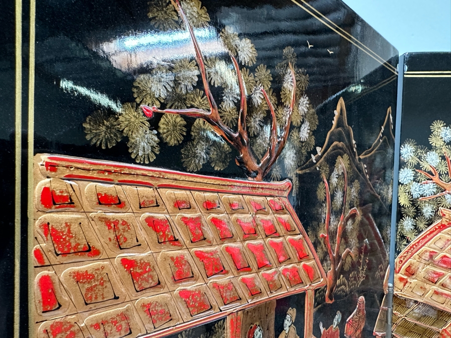Impressive Vintage Japanese 4-Panel Hand Painted Black Lacquer Screen Room Divider 64W X 72H [Photo 9]