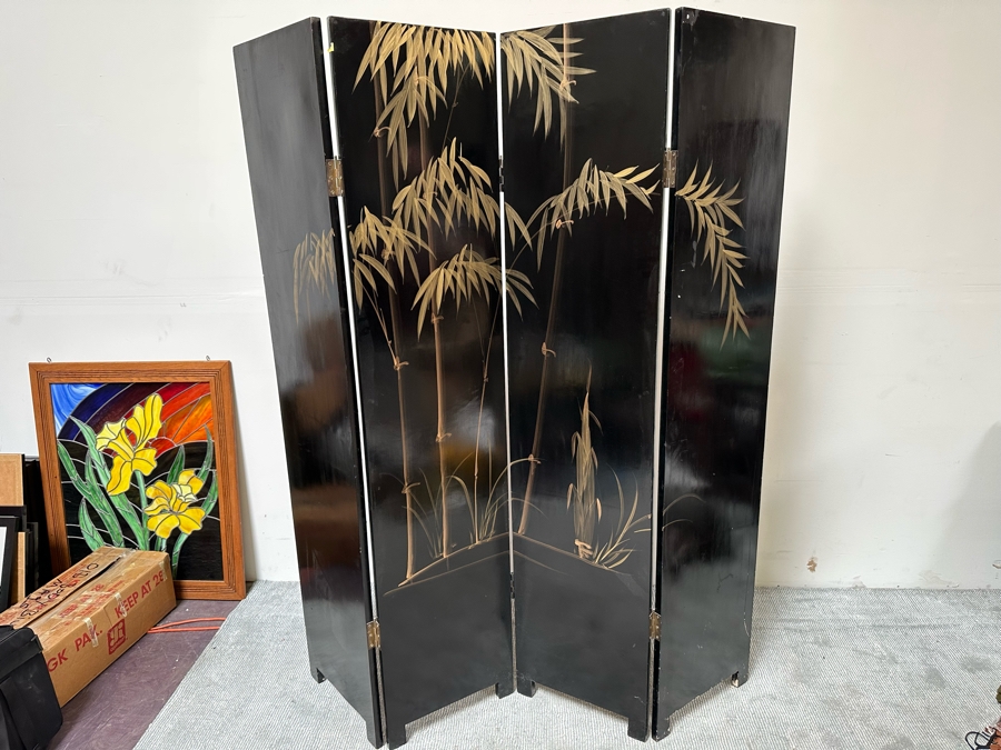Impressive Vintage Japanese 4-Panel Hand Painted Black Lacquer Screen Room Divider 64W X 72H [Photo 21]