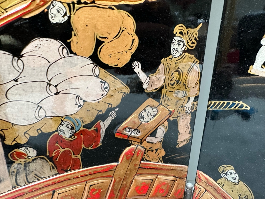 Impressive Vintage Japanese 4-Panel Hand Painted Black Lacquer Screen Room Divider 64W X 72H [Photo 16]