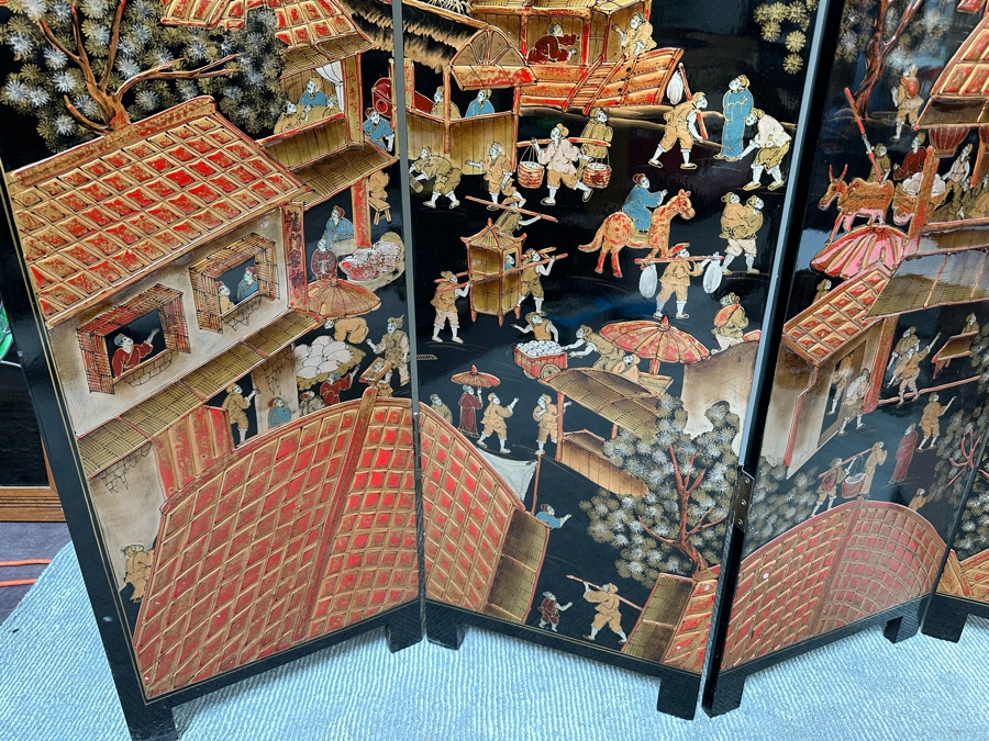 Impressive Vintage Japanese 4-Panel Hand Painted Black Lacquer Screen Room Divider 64W X 72H [Photo 4]