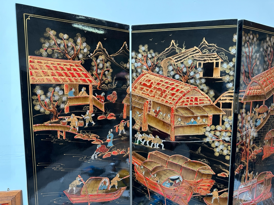 Impressive Vintage Japanese 4-Panel Hand Painted Black Lacquer Screen Room Divider 64W X 72H [Photo 8]