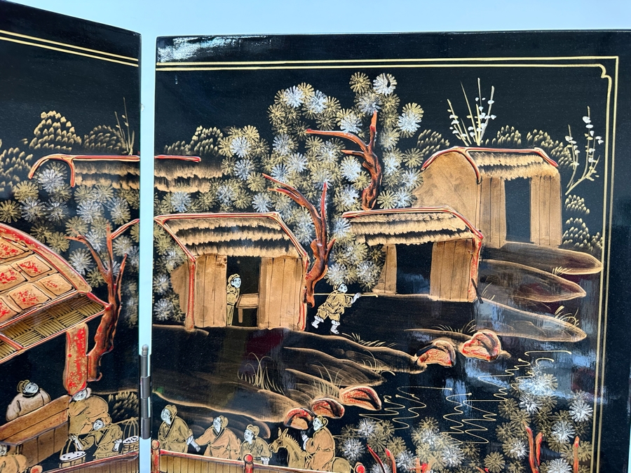 Impressive Vintage Japanese 4-Panel Hand Painted Black Lacquer Screen Room Divider 64W X 72H [Photo 18]
