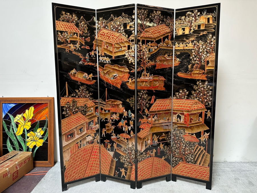 Impressive Vintage Japanese 4-Panel Hand Painted Black Lacquer Screen Room Divider 64W X 72H [Photo 2]