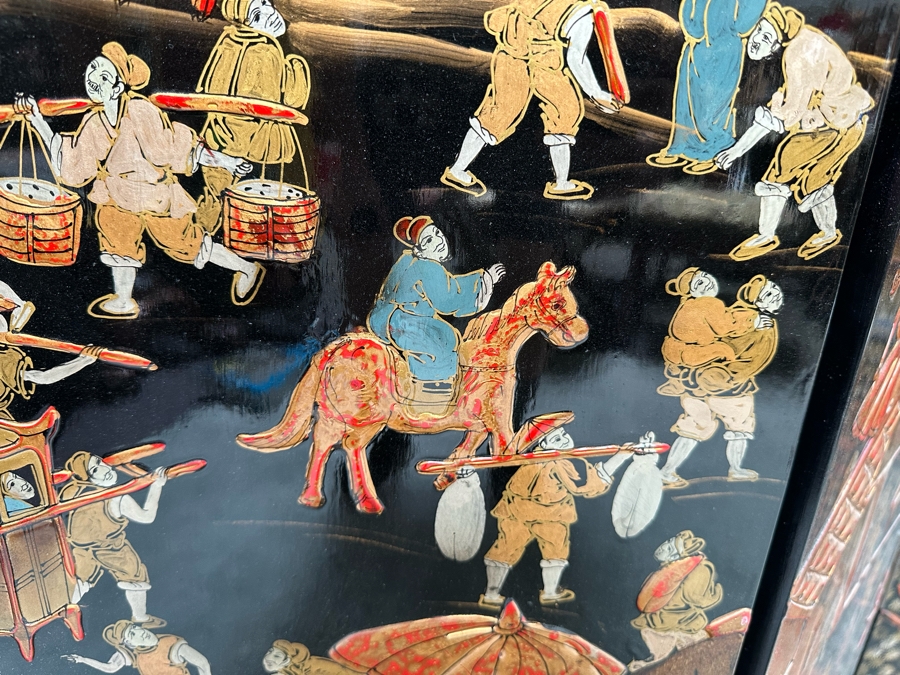 Impressive Vintage Japanese 4-Panel Hand Painted Black Lacquer Screen Room Divider 64W X 72H [Photo 14]