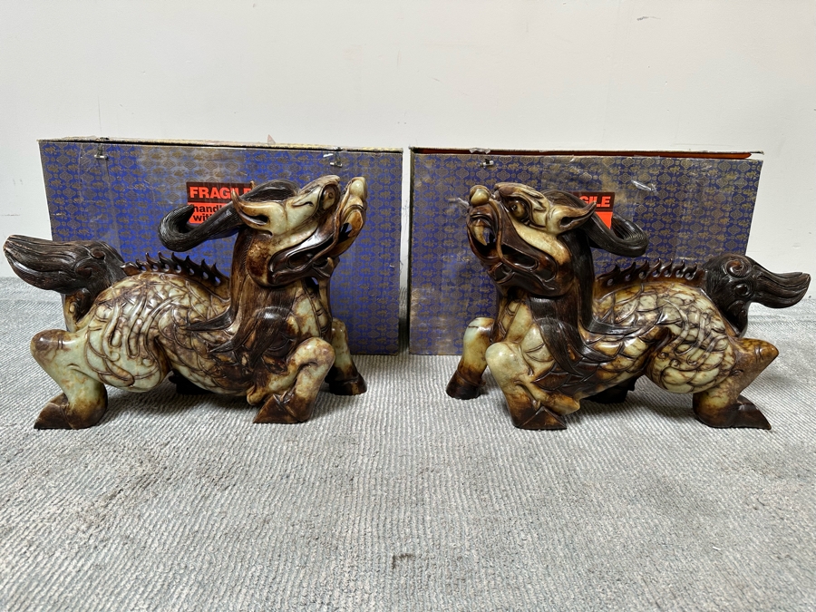 Pair Of Large Vintage Chinese Carved Jade Foo Dogs With Boxes Heavy Must See In Person For Size 21W X 7D X 14.5H [Photo 4]