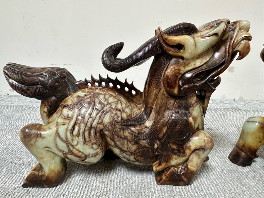 Pair Of Large Vintage Chinese Carved Jade Foo Dogs With Boxes Heavy Must See In Person For Size 21W X 7D X 14.5H [Photo 7]
