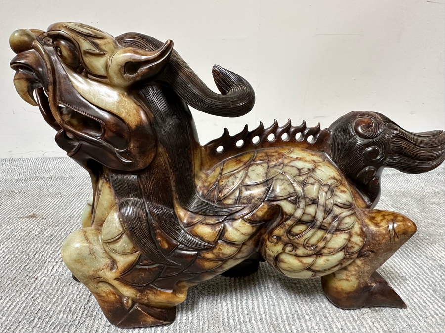 Pair Of Large Vintage Chinese Carved Jade Foo Dogs With Boxes Heavy Must See In Person For Size 21W X 7D X 14.5H [Photo 22]