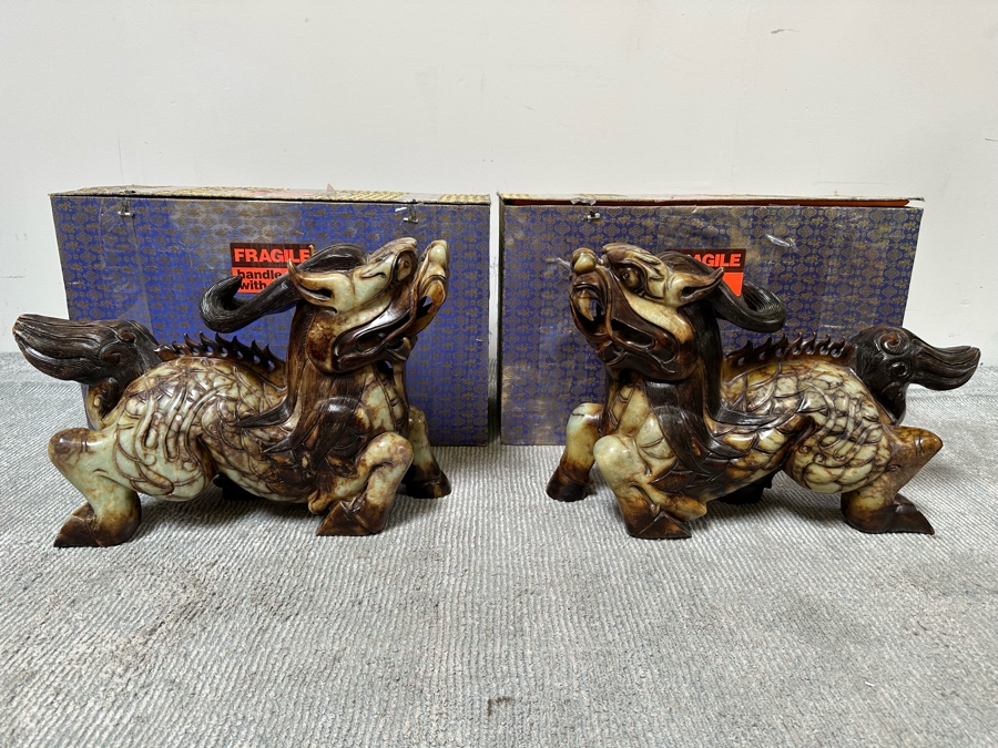 Pair Of Large Vintage Chinese Carved Jade Foo Dogs With Boxes Heavy Must See In Person For Size 21W X 7D X 14.5H [Photo 5]