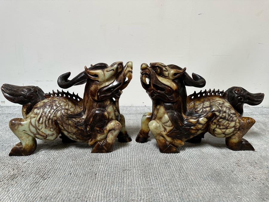 Pair Of Large Vintage Chinese Carved Jade Foo Dogs With Boxes Heavy Must See In Person For Size 21W X 7D X 14.5H [Photo 6]