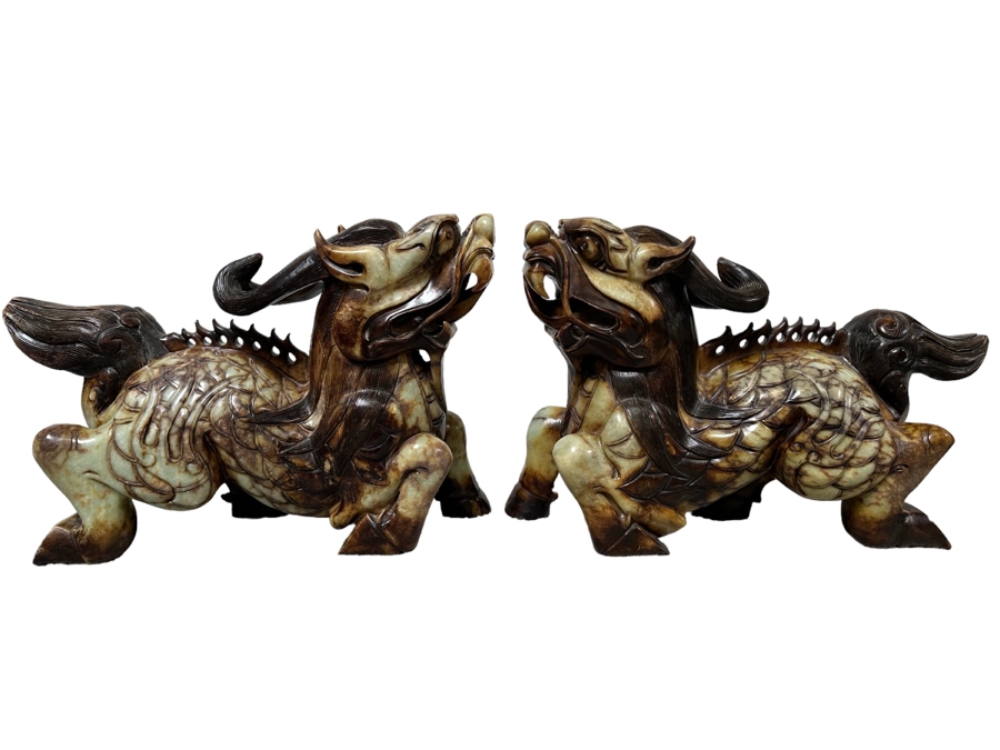 Pair Of Large Vintage Chinese Carved Jade Foo Dogs With Boxes Heavy Must See In Person For Size 21W X 7D X 14.5H [Photo 3]