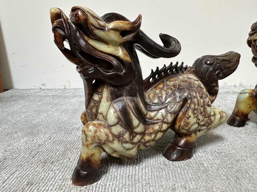 Pair Of Large Vintage Chinese Carved Jade Foo Dogs With Boxes Heavy Must See In Person For Size 21W X 7D X 14.5H [Photo 16]