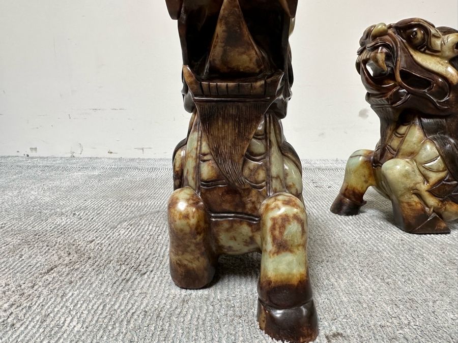 Pair Of Large Vintage Chinese Carved Jade Foo Dogs With Boxes Heavy Must See In Person For Size 21W X 7D X 14.5H [Photo 15]