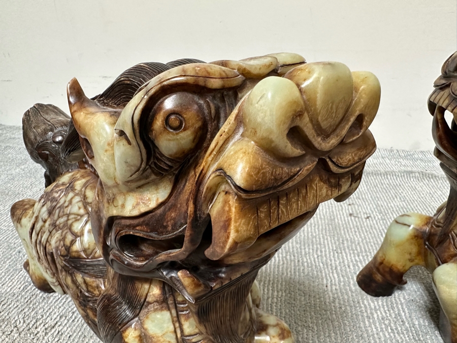Pair Of Large Vintage Chinese Carved Jade Foo Dogs With Boxes Heavy Must See In Person For Size 21W X 7D X 14.5H [Photo 12]