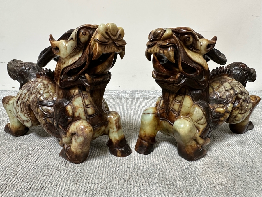 Pair Of Large Vintage Chinese Carved Jade Foo Dogs With Boxes Heavy Must See In Person For Size 21W X 7D X 14.5H [Photo 35]
