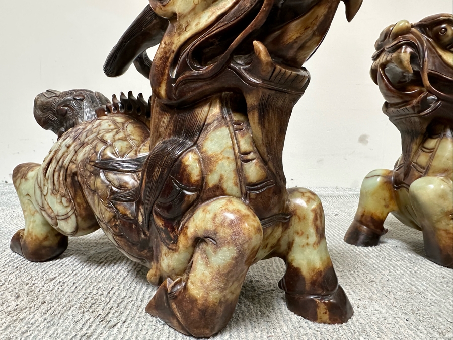 Pair Of Large Vintage Chinese Carved Jade Foo Dogs With Boxes Heavy Must See In Person For Size 21W X 7D X 14.5H [Photo 13]
