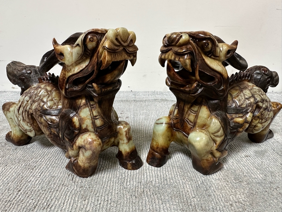 Pair Of Large Vintage Chinese Carved Jade Foo Dogs With Boxes Heavy Must See In Person For Size 21W X 7D X 14.5H [Photo 36]