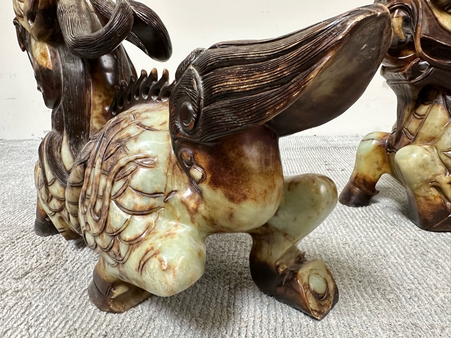 Pair Of Large Vintage Chinese Carved Jade Foo Dogs With Boxes Heavy Must See In Person For Size 21W X 7D X 14.5H [Photo 17]