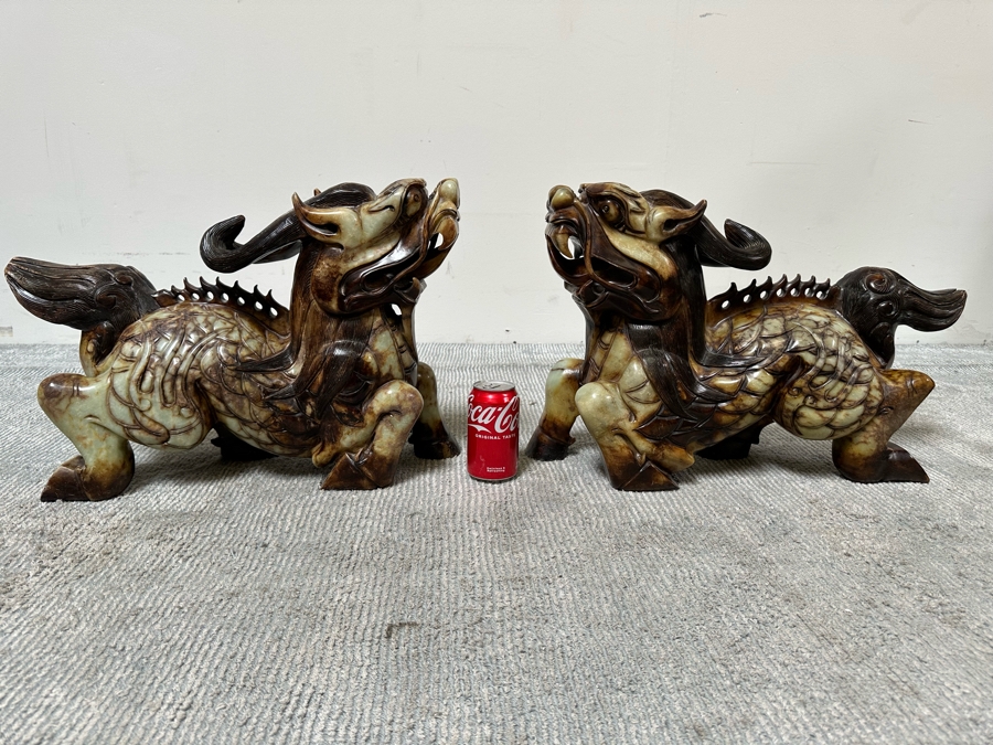 Pair Of Large Vintage Chinese Carved Jade Foo Dogs With Boxes Heavy Must See In Person For Size 21W X 7D X 14.5H [Photo 2]