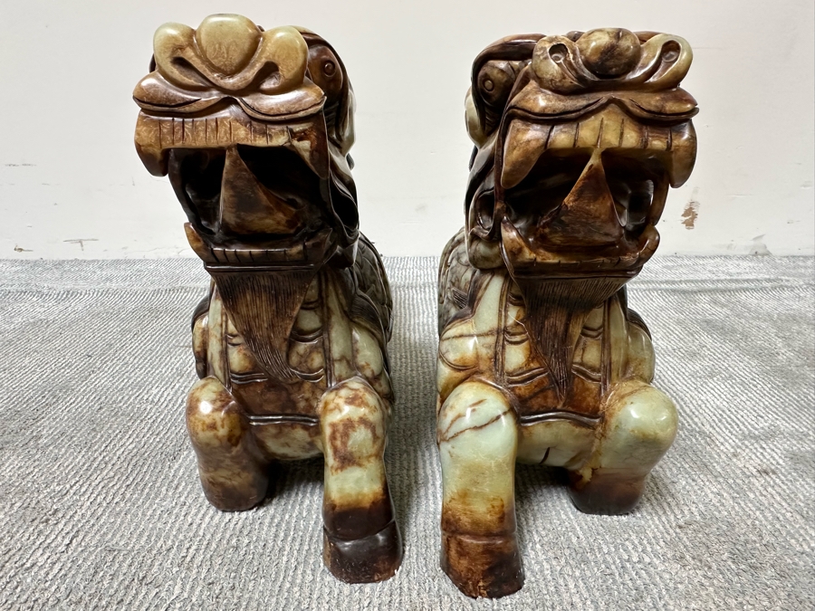 Pair Of Large Vintage Chinese Carved Jade Foo Dogs With Boxes Heavy Must See In Person For Size 21W X 7D X 14.5H [Photo 34]