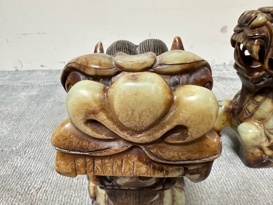Pair Of Large Vintage Chinese Carved Jade Foo Dogs With Boxes Heavy Must See In Person For Size 21W X 7D X 14.5H [Photo 14]