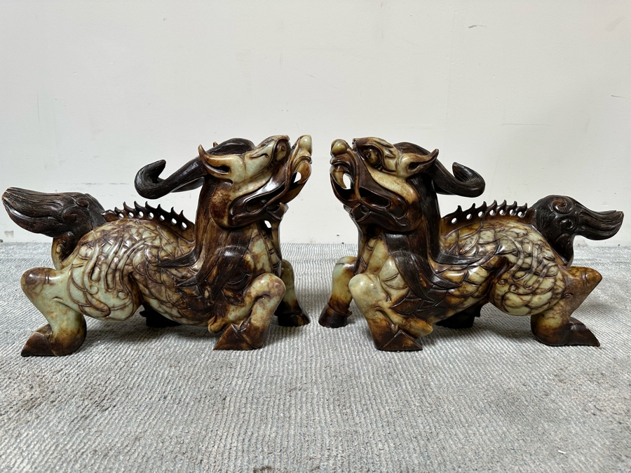 Pair Of Large Vintage Chinese Carved Jade Foo Dogs With Boxes Heavy Must See In Person For Size 21W X 7D X 14.5H [Photo 1]
