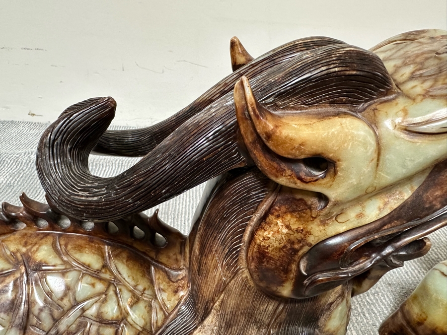 Pair Of Large Vintage Chinese Carved Jade Foo Dogs With Boxes Heavy Must See In Person For Size 21W X 7D X 14.5H [Photo 9]