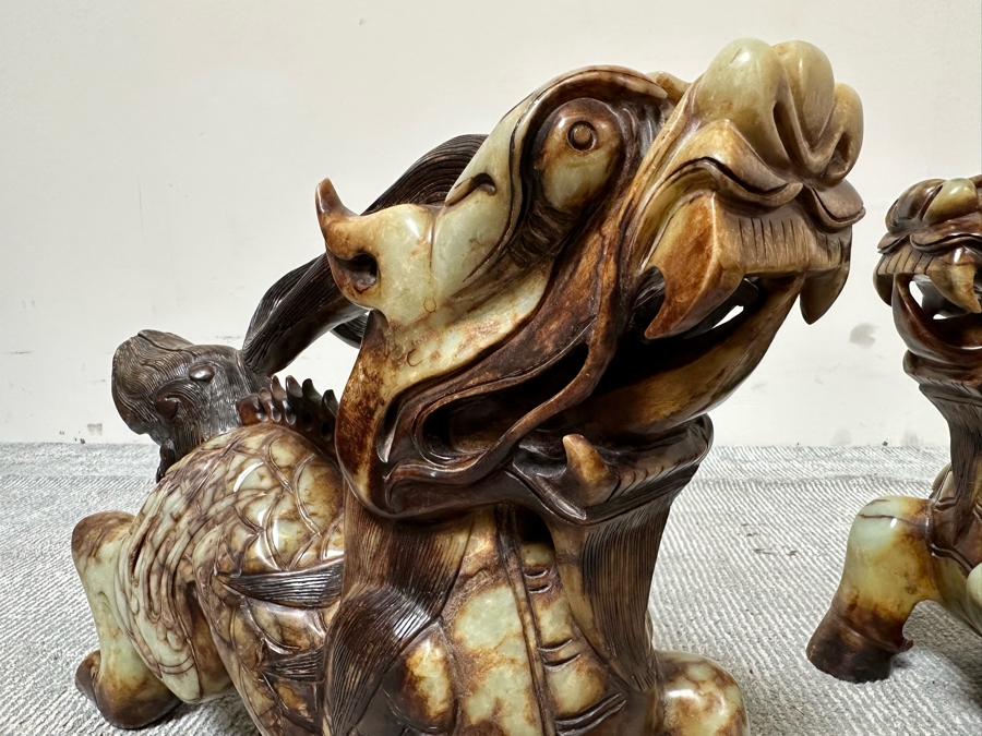 Pair Of Large Vintage Chinese Carved Jade Foo Dogs With Boxes Heavy Must See In Person For Size 21W X 7D X 14.5H [Photo 11]