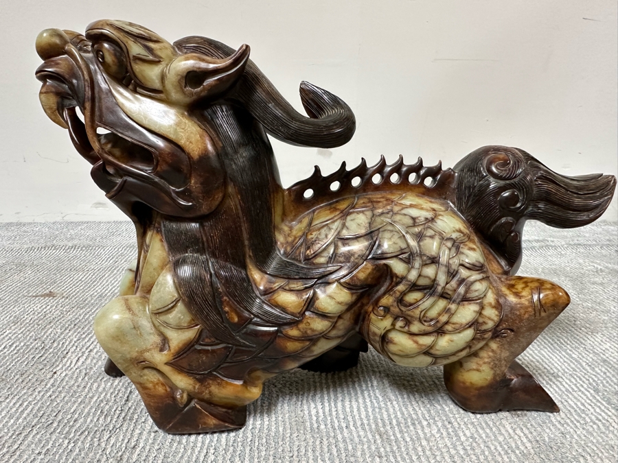Pair Of Large Vintage Chinese Carved Jade Foo Dogs With Boxes Heavy Must See In Person For Size 21W X 7D X 14.5H [Photo 21]