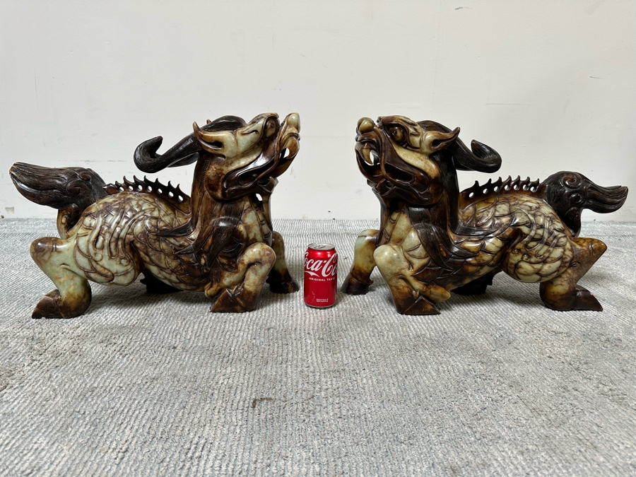 Pair Of Large Vintage Chinese Carved Jade Foo Dogs With Boxes Heavy Must See In Person For Size 21W X 7D X 14.5H [Photo 38]