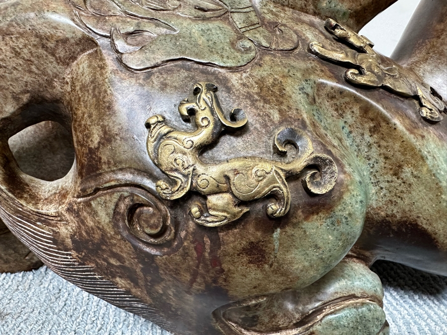 Pair Of Large Vintage Chinese Carved Jade Foo Dogs With Applied Brass Ornamentation Heavy Must See In Person For Size 24W X 9D X 17H [Photo 32]
