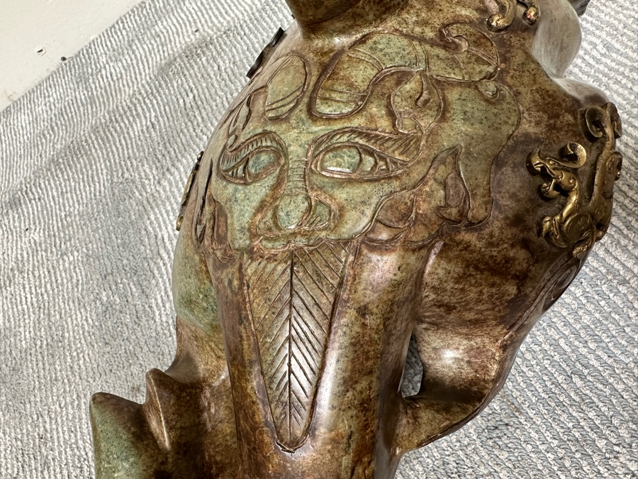 Pair Of Large Vintage Chinese Carved Jade Foo Dogs With Applied Brass Ornamentation Heavy Must See In Person For Size 24W X 9D X 17H [Photo 34]